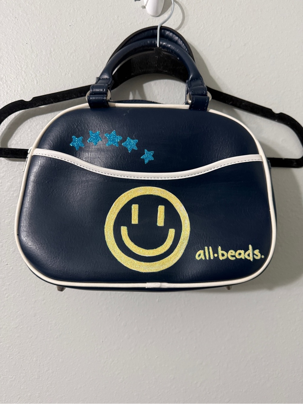 Cute Y2K all.beads. Navy Smiley Face Bowling Bowler Handbag Purse Glitter Stars